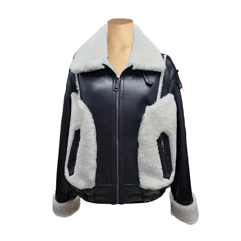 luxury faux fur coat for women -Vera Black on White Womens Shearling Jacket