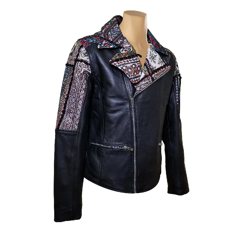 zip-up casual anorak jacket for women -Bohemian Leather jacket with Tribal Hand Embroidered Fabric