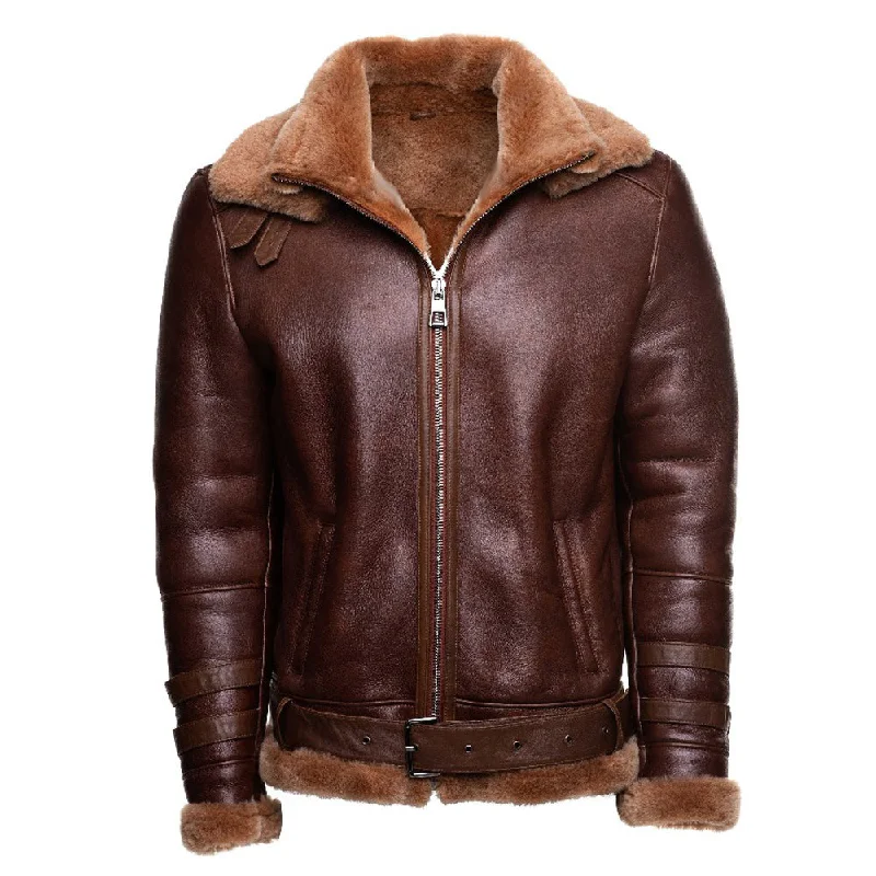 fashionable metallic puffer jacket for women -Phan's Brown Aviator bomber shearling jacket with a waist belt