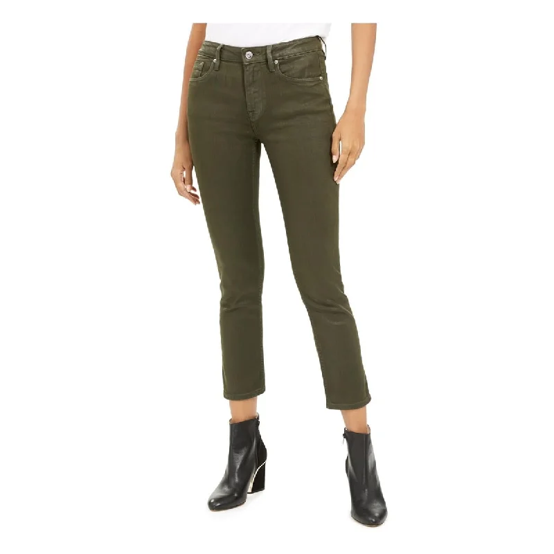 women's denim jogger pants -Vigoss Women's Juniors Stevie Denim Coated Cropped Jeans Green Size 28