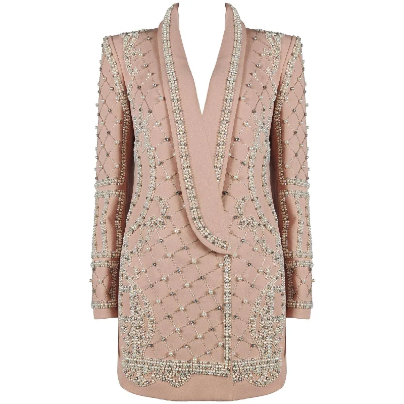 women's faux fur coat -Polly Long Sleeve Pearl Embellished Jacket