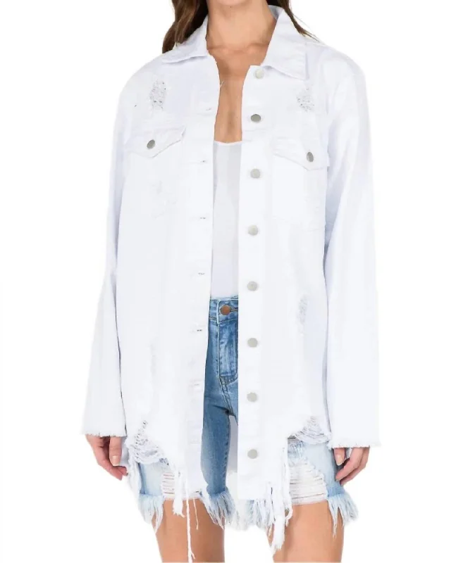 waterproof windproof raincoat for women -Chic Distressed Denim Jacket In White