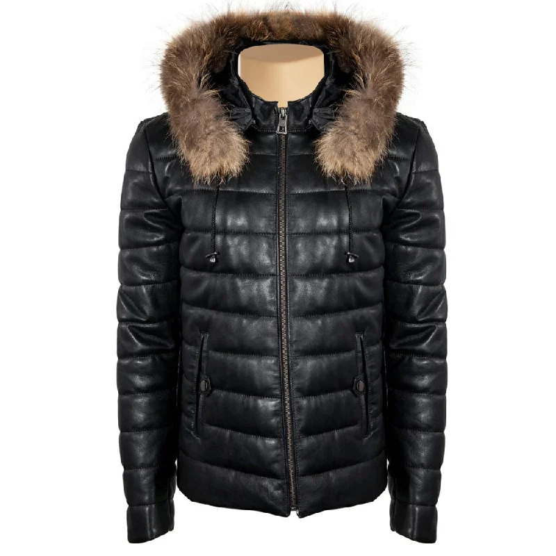 women's asymmetrical zip jacket -Richie Winter Puffer leather jacket with fur hoodie