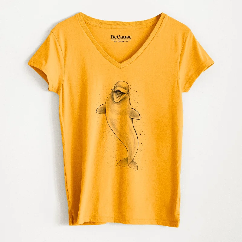 women's ribbed knit top -Happy Beluga Whale - Delphinapterus leucas - Women's 100% Recycled V-neck