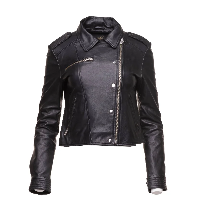 women's varsity bomber jacket -Aria Women's cropped leather jacket with snap buttons closure