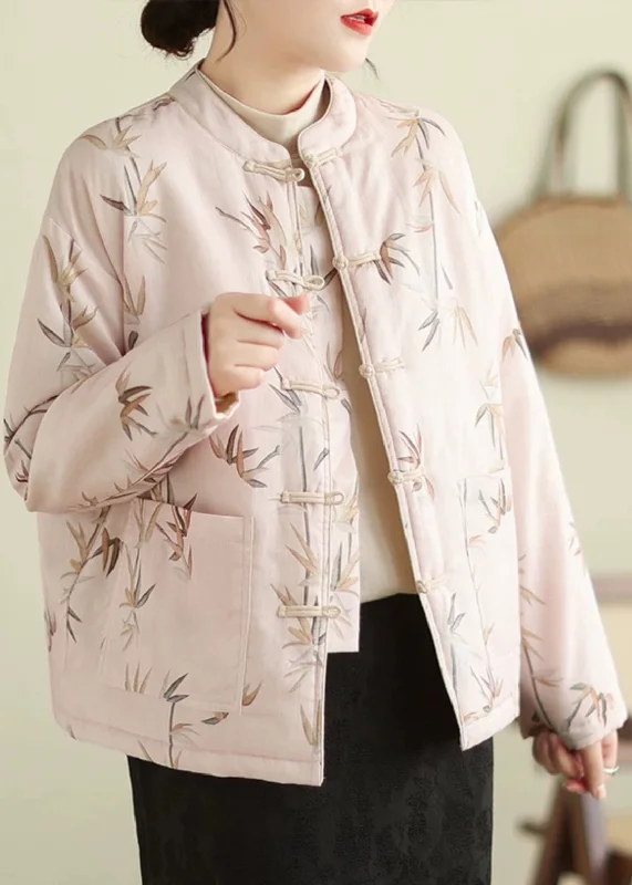 structured blazer jacket for women -Elegant Pink Stand Collar Button Print Thick Coats Winter