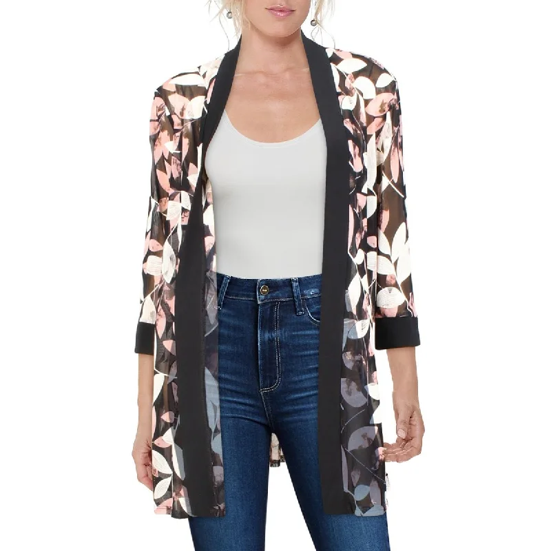 women's cropped bomber jacket -R&M Richards Womens Petites Mesh Floral Duster Blazer