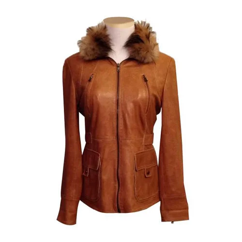 sleek satin bomber jacket for women -Alfie Nixon’s Tan Leather Jacket With Fur Collar