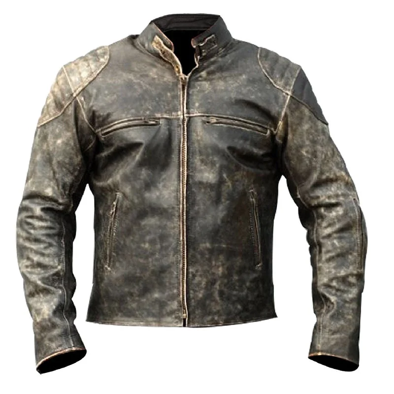 women's cropped bomber jacket -Theon's Distressed Leather Jacket With Shoulder Patch