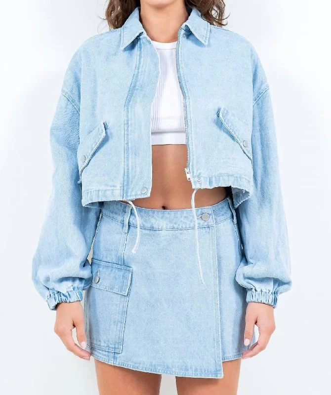 women's travel-friendly jacket -Cropped Denim Jacket With Drawstring In Light Blue