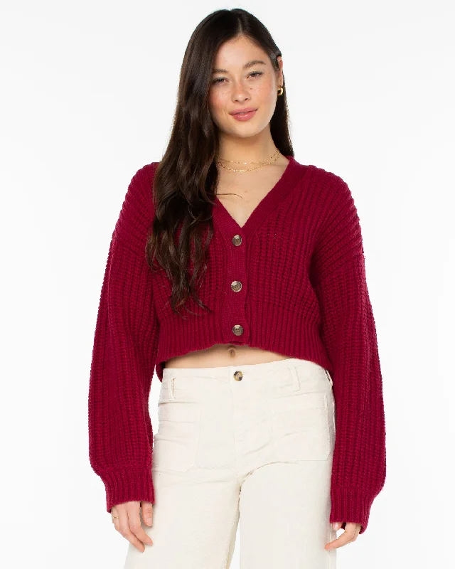 cozy ribbed sweater top for ladies -Sundaze Washed Cardigan - Rumba Red