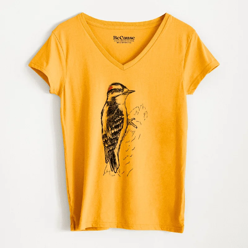 trendy puff sleeve crop top for ladies -Downy Woodpecker - Picoides pubescens - Women's 100% Recycled V-neck