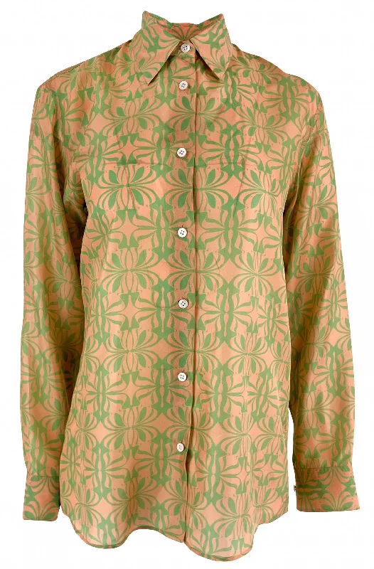 women's sporty zip-up pullover -Dries Van Noten Silk Clavel Blouse in Green/Orange Print