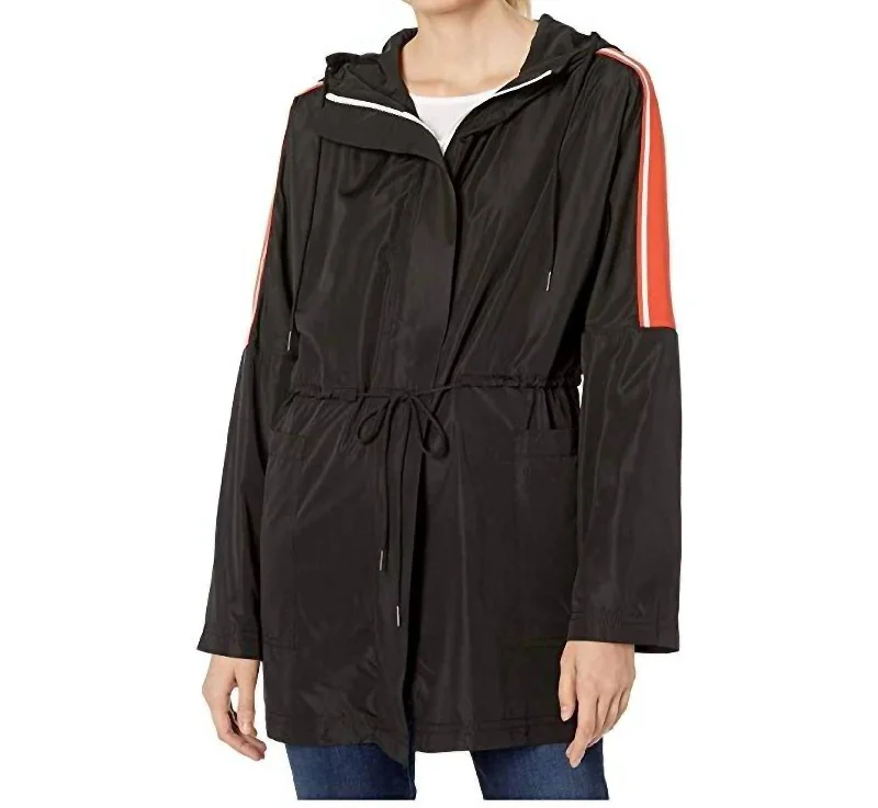 sleek satin bomber jacket for women -Zip Front Hooded Anorak Jacket With Contrast Tape In Black