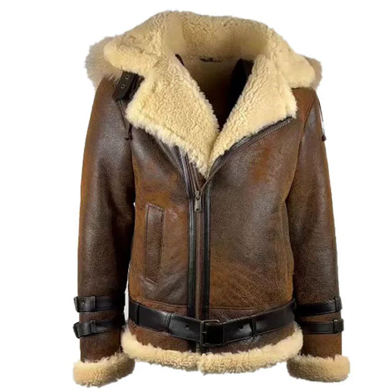 soft touch sherpa coat for women -Rocco Vintage Distressed Brown Aviator bomber shearling jacket with hoodie