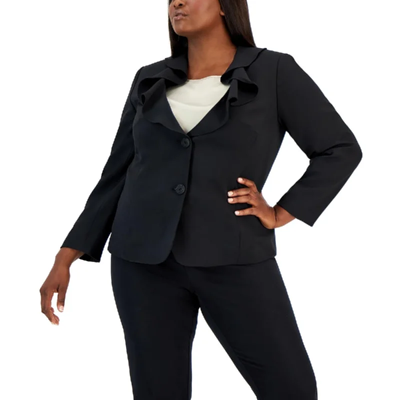 women's outdoor fleece jacket -Kasper Womens Plus Ruffled Collar Suit Separate Two-Button Blazer