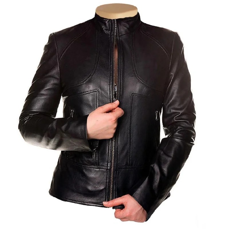 stylish women's blazer -Maria’s Black Leather Jacket With Front Zipper