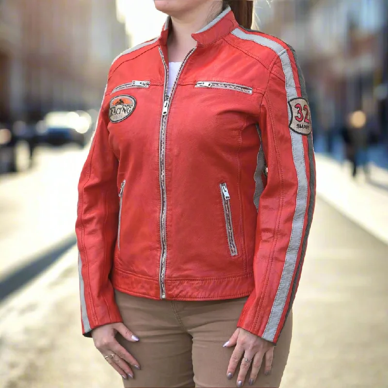 breathable softshell jacket for women -Women's Leather Jacket with Patches