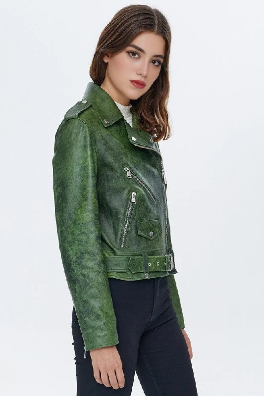 ladies' longline puffer coat -Caroline Green Waxed Biker Leather Jacket For Women's