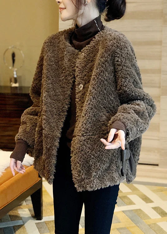 women's winter coat -Vogue Chocolate O-Neck Button Thick Faux Fur Coat Fall