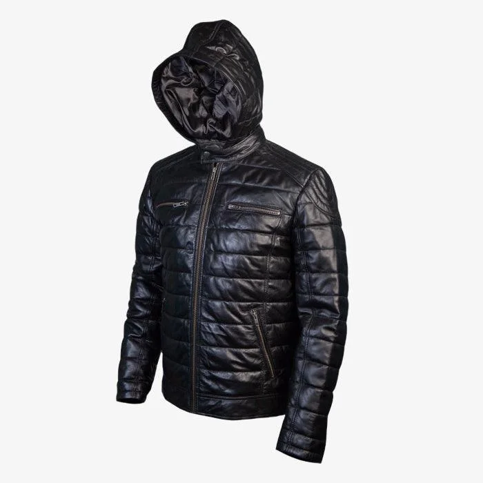 ladies' puffer jacket -Puffy Leather Jacket With  Hood