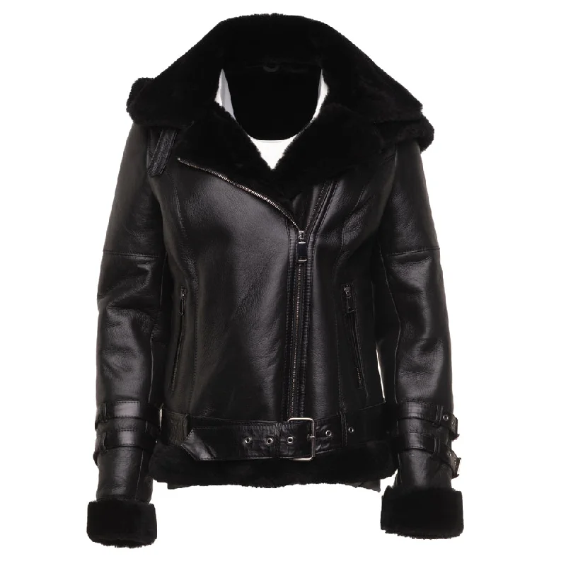 lightweight packable jacket for women -Sofie's black biker style sheepskin shearling jacket with hoodie