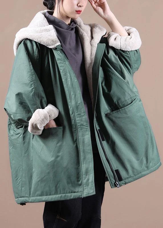 women's travel-friendly jacket -Fine Green Zip Up Pockets Patchwork Fleece Wool Lined Parka Jacket Winter