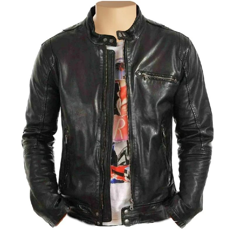 luxury designer winter coat for women -Arthur Classic Cafe racer Leather Jacket