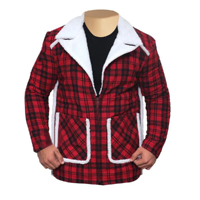 military-style coat for women -Ryan Reynold's Red and Black  Checkered Jacket with Faux Shearling