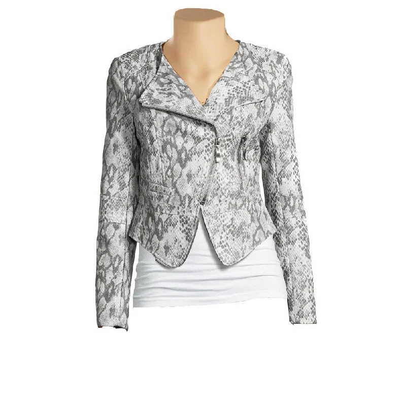 professional work blazer for women -Women's grey snake print leather jacket