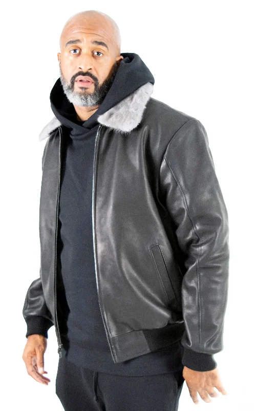 cropped faux leather jacket for women -Lightweight Leather Bomber Jacket with Removable Mink Fur Collar. Style #2220