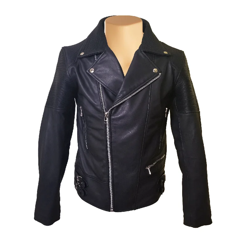 winter parka for women -Brett's biker style leather jacket with stretchy leather