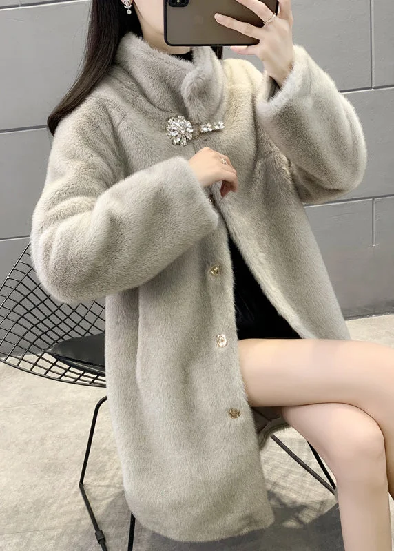 women's travel-friendly jacket -New Grey Stand Button Collar Patchwork Fuzzy Fur Fluffy Coats Winter