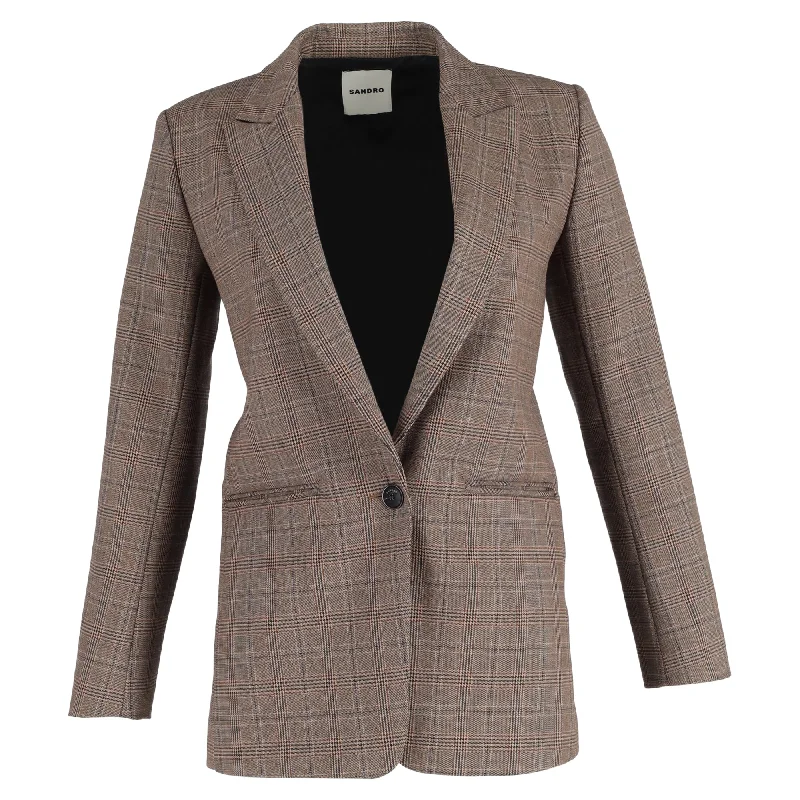 ladies' waterfall drape coat -Sandro Jada Plaid-Check Single-Breasted Blazer In Brown Polyester