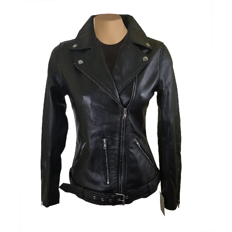 ladies' faux suede jacket -Emilie's black biker style leather jacket with waist belt