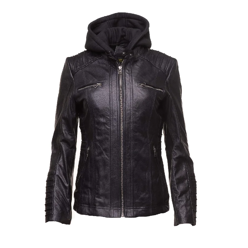 women's cropped bomber jacket -Women's black leather jacket with piping details