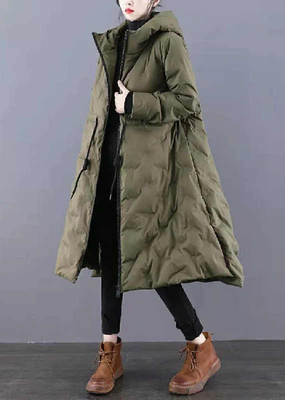 women's long trench coat -Boho Army Green Hooded Drawstring Side Open Thick Duck Down Down Coats Winter