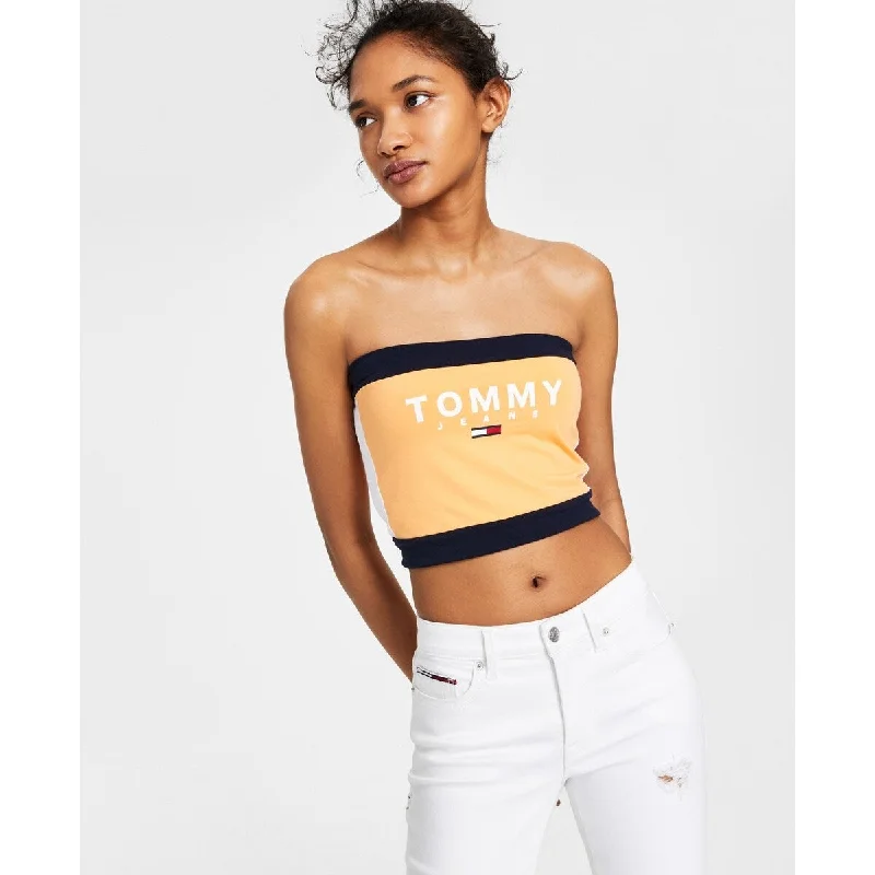 comfortable stretch mom jeans for women -Tommy Jeans Women's Color Block Bandeau Orange Size Large - L