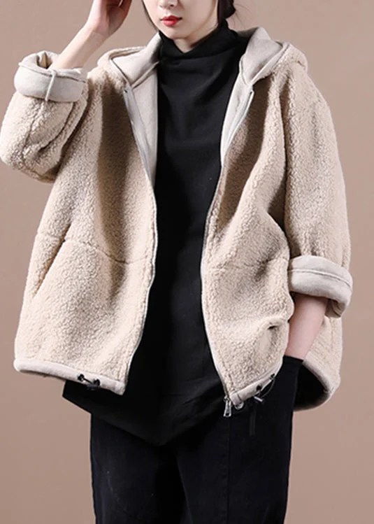 stylish fleece-lined coat for women -Apricot Drawstring Faux Fur Hooded Coats Fall