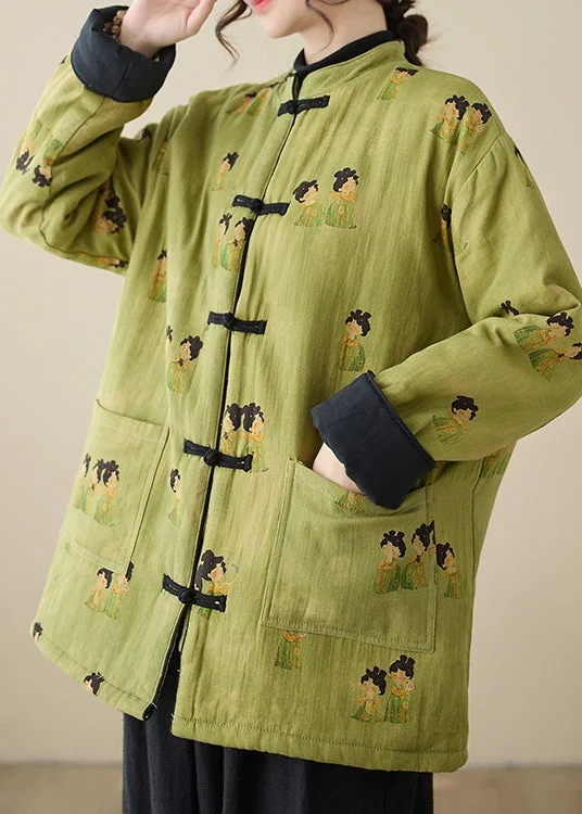 women's winter coat -Vintage Green Stand Collar Print Pockets Parkas Winter