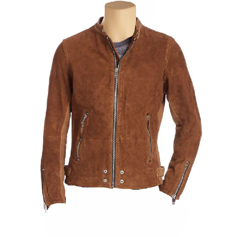 fashionable belted wool coat for women -Brown Suede cafe racer jacket