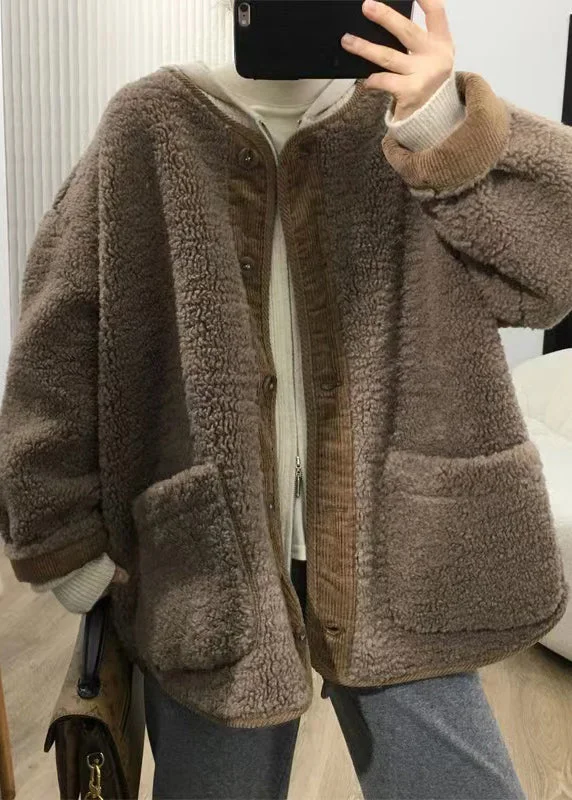 casual linen jacket for women -Loose Coffee Button Pockets Patchwork Teddy Faux Fur Coats Fall