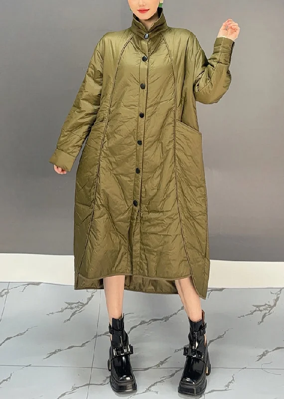 chic oversized blazer for women -Casual Green Turtleneck Pockets Button Low High Design Thick Parka Winter