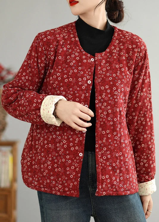 elegant long coat for women -Vintage Red O Neck Button Print Thick Coats Winter