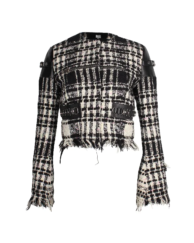 double-layered long coat for women -Alexander Wang Graphic Boucle Tweed Cropped Jacket in White Cotton