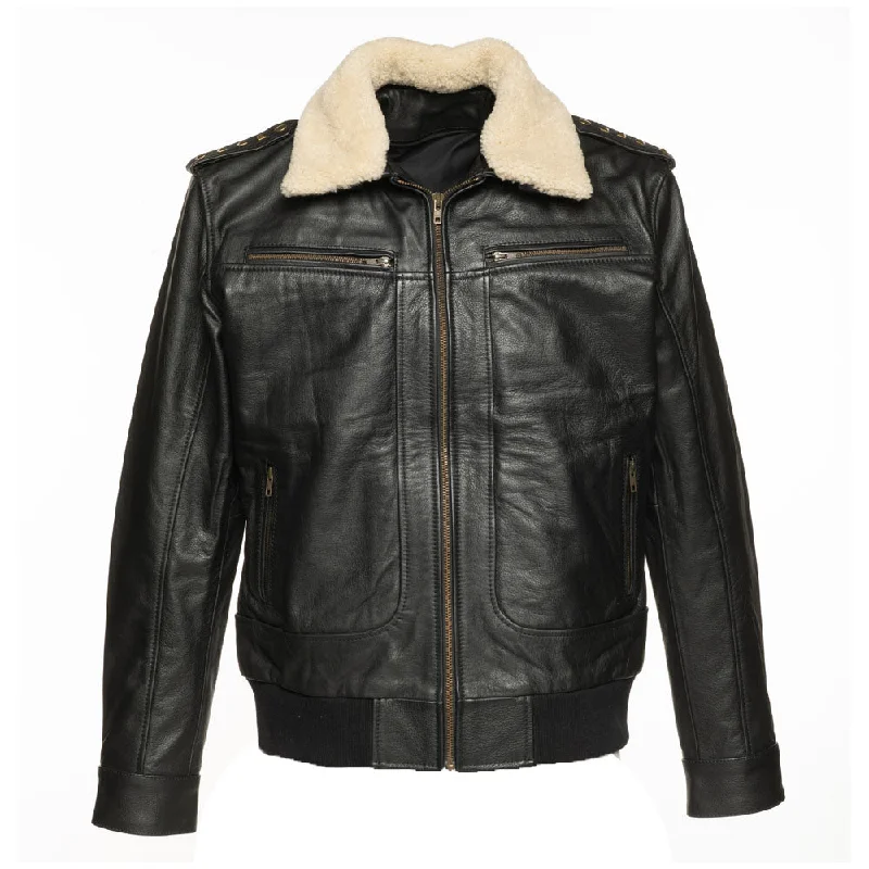 ladies' lightweight anorak coat -Alaric black bomber jacket with shearling collar