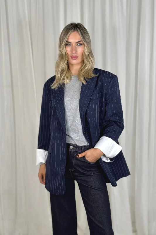 women's winter coat -Elsa Pinstripe Blazer In Navy