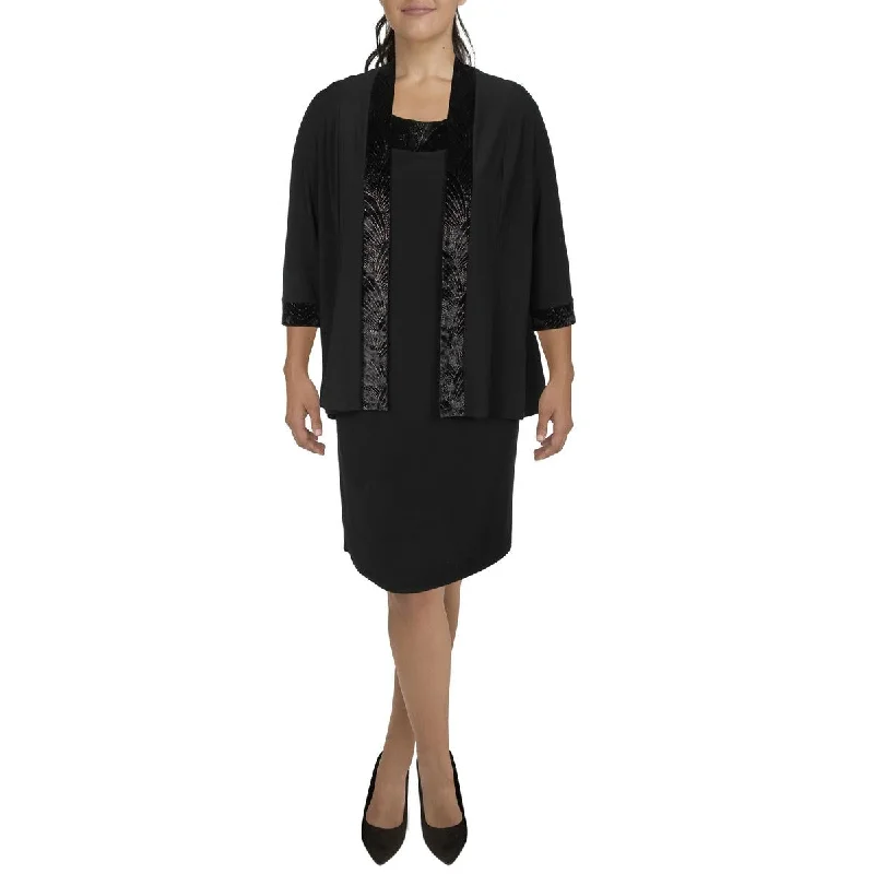 classic trench raincoat for women -R&M Richards Womens Knit Velvet Trim Collarless Blazer