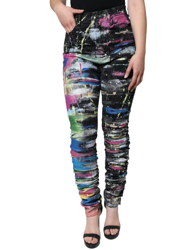 trendy cropped flare jeans for ladies -Dolce & Gabbana multi Splatter Paint Cotton Skinny blue Women's Jeans