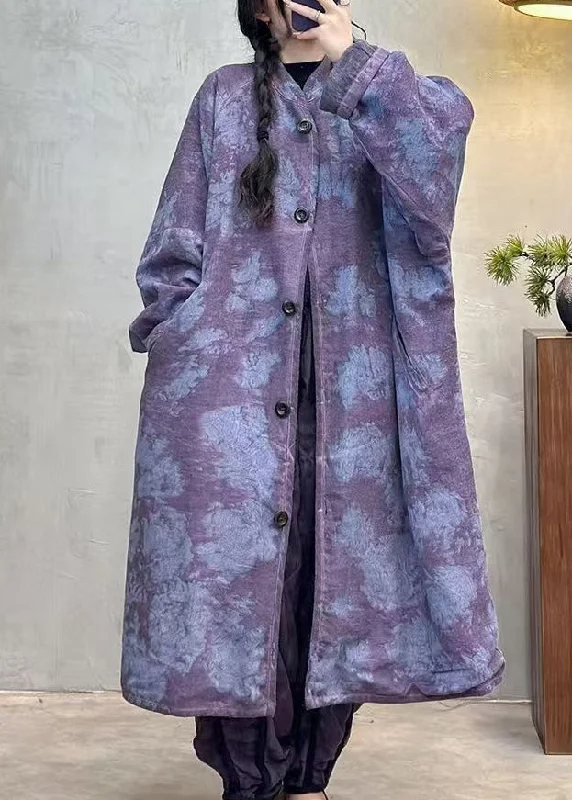 women's sherpa-lined jacket -Vintage Purple Pockets Tie Dye Fine Cotton Filled Coat Winter